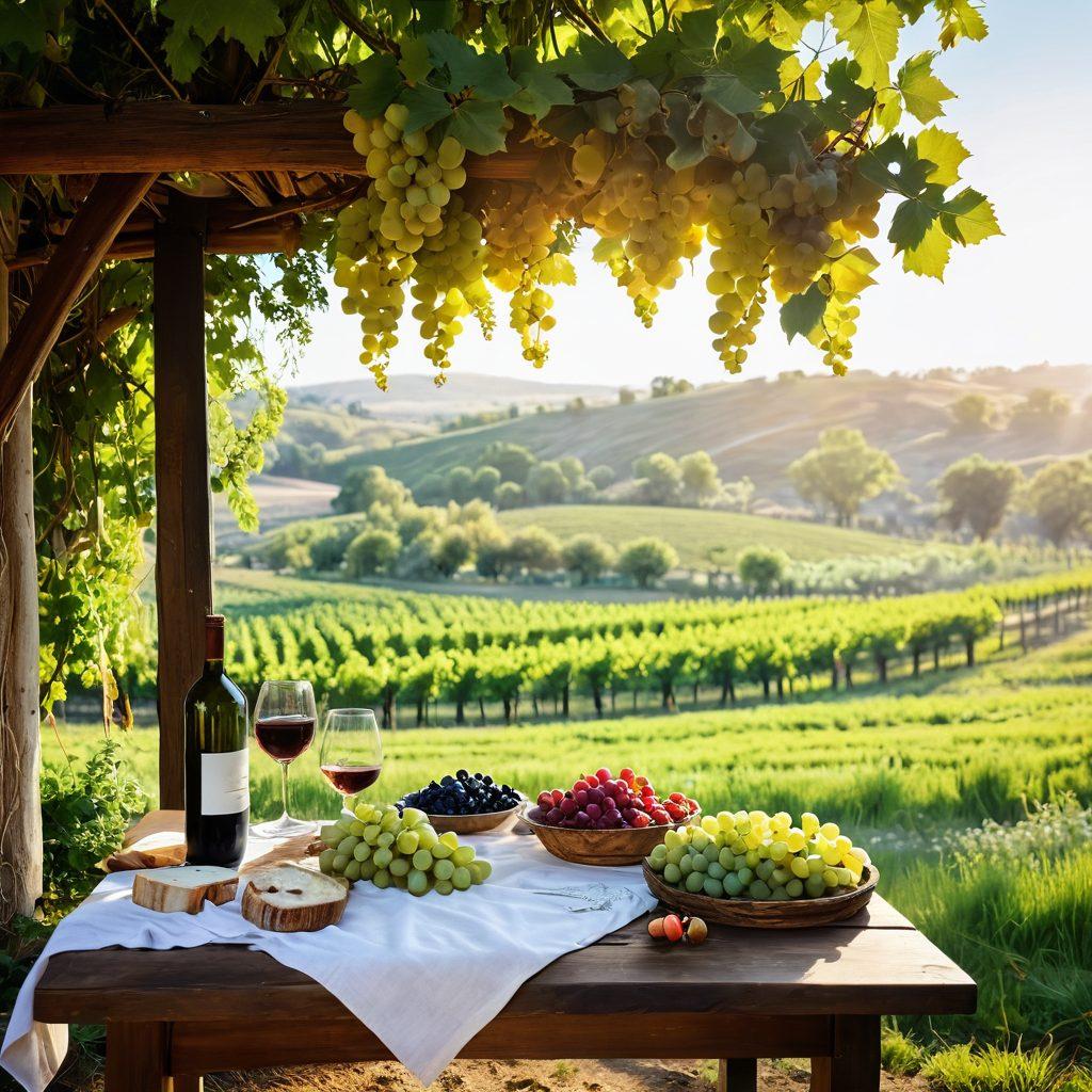 A serene vineyard landscape bathed in golden sunlight, where ripe grapes hang on the vine, surrounded by lush greenery and wildflowers. In the foreground, a rustic wooden table is set with glasses of organic wine, paired with an assortment of artisanal cheeses and fruits, inviting the viewer to indulge in nature's bounty. Soft shadows dance under the leaves, and a gentle breeze rustles through the scene, evoking a sense of tranquility and joy. surreal painting. vibrant colors. soft focus.