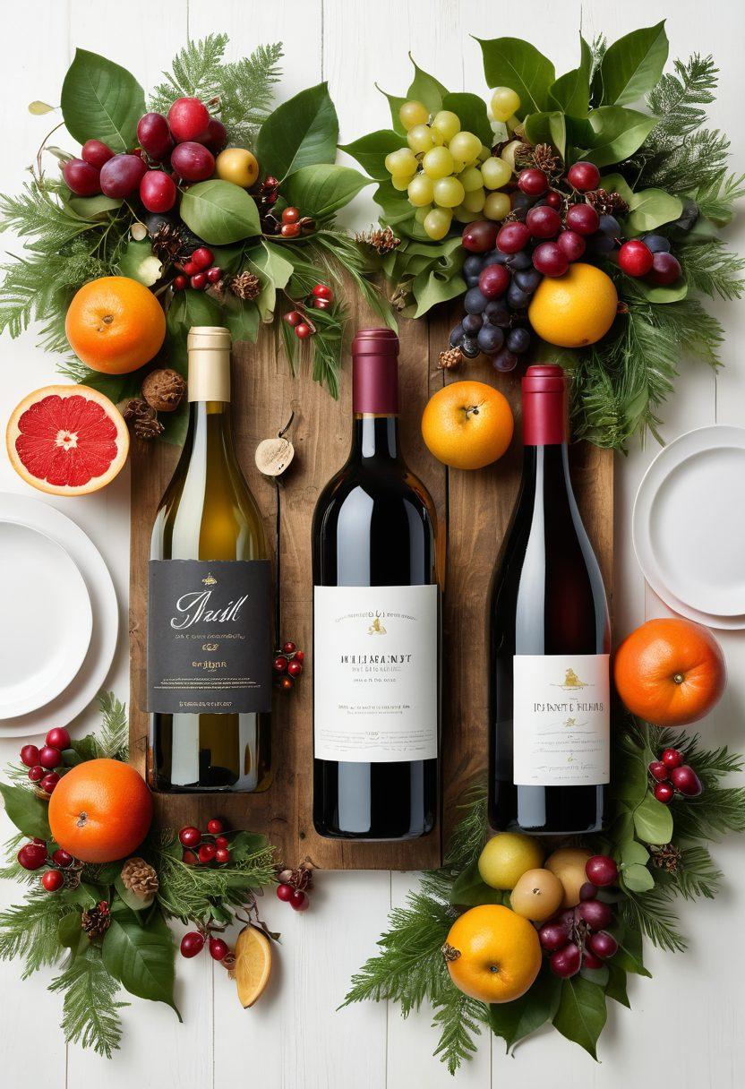 A vibrant table setting adorned with eco-friendly wine bottles, surrounded by lush greenery and rustic wooden accents. Include festive decorations, such as twinkling lights and seasonal fruits, all emphasizing sustainability. The atmosphere radiates warmth and joy, inviting viewers to celebrate responsibly. super-realistic. vibrant colors. white background.