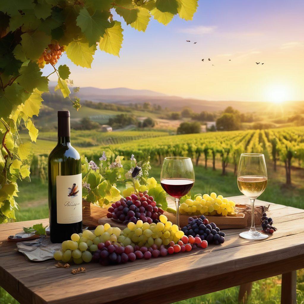 A picturesque vineyard at sunset, with clusters of organic grapes glistening in the golden light. Include a rustic wooden table adorned with organic wine bottles and glasses, surrounded by lush greenery and wildflowers. Add whimsical elements like birds and butterflies to symbolize nature's joy. Capture an atmosphere of celebration and eco-friendliness. super-realistic. vibrant colors.